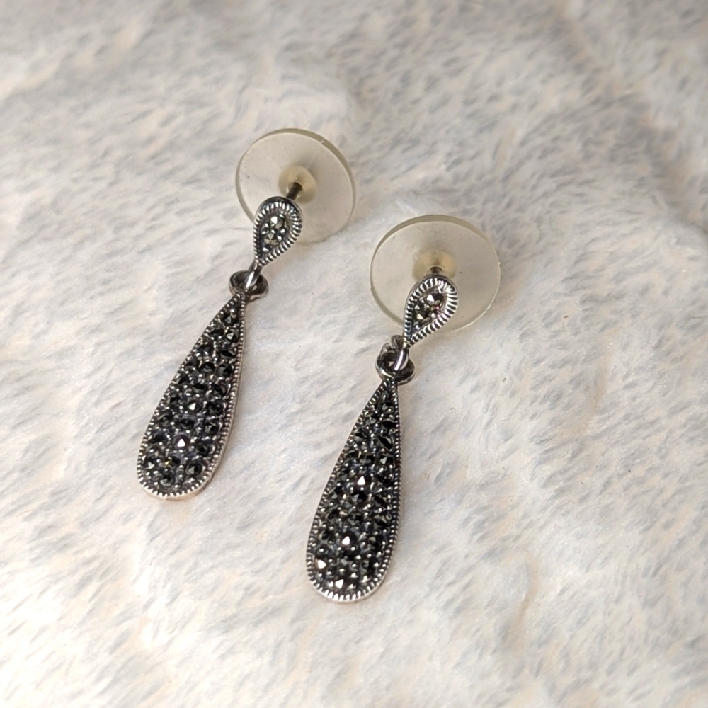 Vintage Sterling Silver and Marcasite Drop Pierced Earrings - Picture 2 of 9